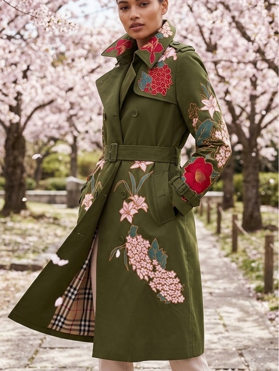 Iconic Jackets & Blazers - ONE OF A KIND — Iconic Floral Embroidered Olive Trench Coat | Size M